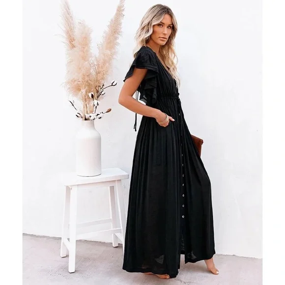 SOLD OUT Black Gauze Boho Raw Hem Button Maxi Dress - Picture 3 of 8